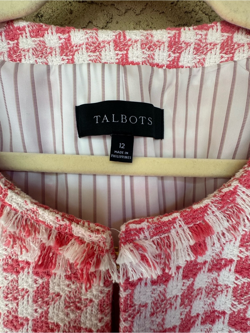 Talbots Pink & White Houndstooth Collarless Tweed Jacket size 12 - Picture 3 of 8